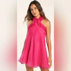 NEW (NWT) Lulu’s Perfect Stunner Hot Pink Organza Ruffled Halter Mini Dress
